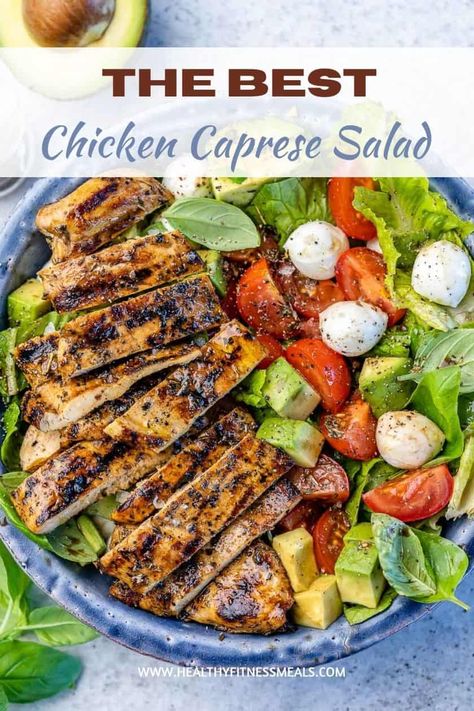 Chicken Caprese Salad Chicken Mozzarella Salad, Chicken Vegetable Salad, Caprese Chicken Salad Meal Prep Bowls, Caprese Salad Lunch, Chicken And Caprese Salad, Caprese Chicken Crockpot, Grilled Chicken Caprese Salad, Chicken Caprese Salad Recipe, Caprese Salad Chicken