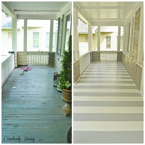 Striped flooring on a porch adds so much character! See project details here. Paint Porch, Porch Goals, Painted Rugs, Painting Floors, Painted Porch Floors, Stenciled Walls, Painted Porch, Pretty Porches, Painted Plywood