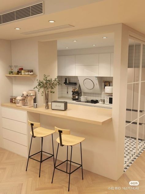 Small Aesthetic Kitchen Ideas, Aesthetic Condo Design, Town House Interior Design Ideas, Small Unit Decor Ideas, Modern Muji Interior Design, Eating Table Dining Rooms, Aesthetic Kitchen Small, Kitchen Design Without Upper Cabinets, Small Kitchen Condo