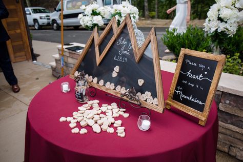 Handmade wooden mountain scape guest book | Smoky Mountain Wedding | The Magnolia | Katie Hannah Photo | Absolute Wedding Perfection Mountain Wedding Aisle Decor, Mountain View Wedding Decor, Hiking Theme Wedding Favors, Mountain Lodge Wedding Decor, Mountain Wedding Table Settings, Mountain Wedding Bridesmaid Gifts, Mountain Wedding Guest Book, Mountain Wedding Place Settings, Mountain Guest Book