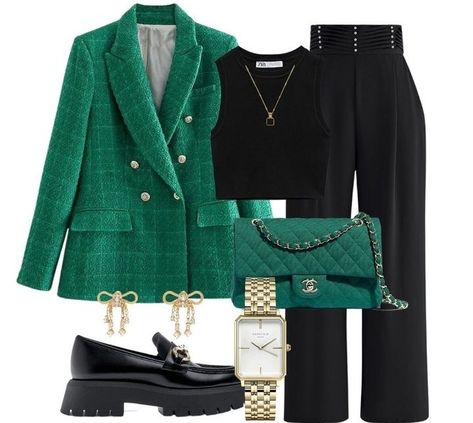 Green Chanel Outfit, Green Luxury Outfit, Green Blazer Outfit, Green Chanel, Cute Professional Outfits, Jacket Outfit Women, Chanel Outfit, Fashion Top Outfits, Blazer Outfit