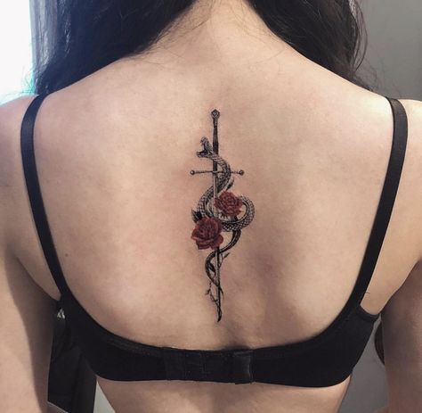 Rose And Dagger Tattoo, Tattoo Papillon, Snake And Dagger Tattoo, Spine Tats, Tattoo Ideas Inspiration, Spine Tattoo Ideas, Rose Tattoos For Women, Cross Tattoos For Women, Snake Tattoo Design