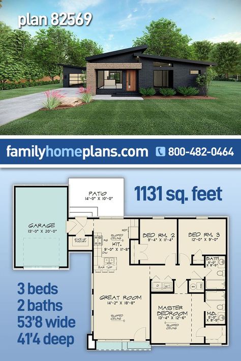 This cozy contemporary modern beauty by highlights all the favorite features in a modern designed home. The stark, crisp exterior of the plan grabs your attention right away with its unique staggered roof line. This Modern home plan provides a comfortable 1,131 Sq.Ft of sloped ceilings and open floor plan. This home design gives you 3 bedrooms and 2 full baths. The floor plan minimizes wasted space to prove style and functionality can work in tandem! #FamilyHomePlans #modern #contemporary #home 1500 Sq Ft Barndominium Floor Plans With Garage, 3 Bedroom Home Floor Plans One Level Modern, 2 Bedroom 2 Bath House Plans Modern, Small Modern House Exterior One Story, Tandem Garage House Plans, Mid Century Modern Home Plans, Modern Cottage Exterior Small Houses, 3 Bedroom Home Floor Plans Modern, 3 Bed Rooms House Plans Modern