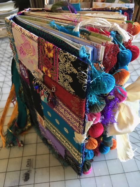 Boho style junk journal with  button/sequins & bead embellished safety pin - custom order - sold Boho Journal Pages, Fabric Junk Journal Cover Ideas, Boho Journal Cover, Boho Junk Journal Ideas, Boho Journal Ideas, Fabric Journal Covers, Junk Journal Cover Ideas, Custom Journal Cover, Junk Journal Covers