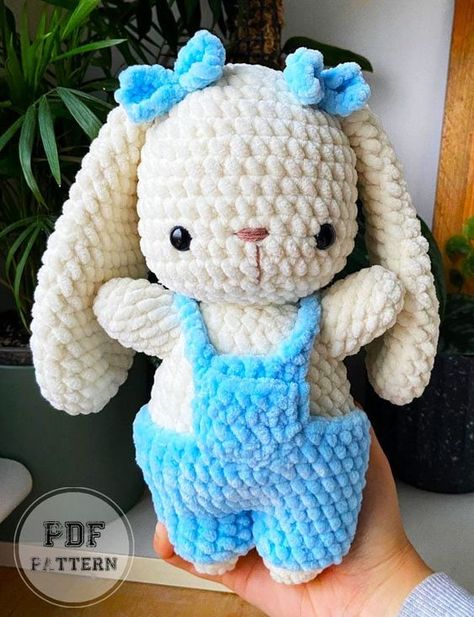 Crochet Bunny in Overalls PDF Pattern #minicrochetanimals #cutecrochetpatterns #crochetanimals #amigurumianimals #amigurumidoll Bunny In Overalls Crochet, Crochet Bunny In Overalls Free Pattern, Crochet Overalls For Stuffed Animals, Crochet Bunny With Overalls, Overalls Crochet Pattern, Mini Crochet Animals, Crochet Stuffed Animals, Boy Crochet Patterns, Crochet Patterns Baby Boy