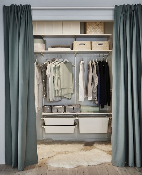 From awkward space to dream walk-in - IKEA Walk In Closet Ikea, Curtains For Closet Doors, Dressing Ikea, Closet Ikea, Grand Dressing, White Barn Door, Closet Curtains, Ikea Closet, Barn Door Closet