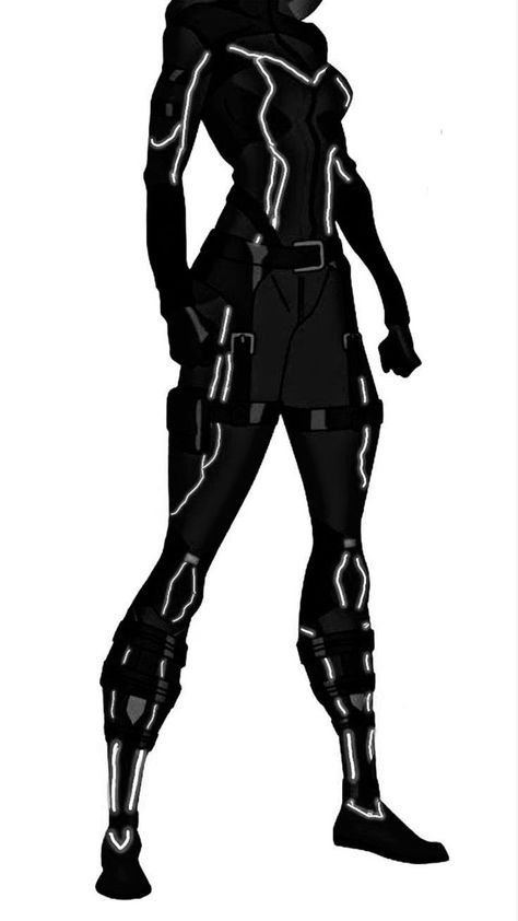 Black Supersuits Female, Supervillain Aesthetic Outfits, Worrier Outfits, Combat Suit Design, Spy Outfit Drawing, Black Hero Suit, Female Villian Outfits, Black Hero Costume, Spiderman Oc Suit Female