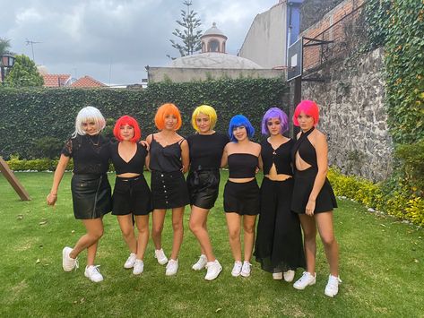 Different Colored Wigs Party, 30th Birthday Wig Party, Bachelorette Color Theme Outfits With Wigs, Color Theme Bachelorette Party Wigs, Wig Birthday Party Theme, Neon Wig Bachelorette Party, Colorful Wigs Bachelorette Party, Color Themed Party Outfit, Wig Theme Party Ideas