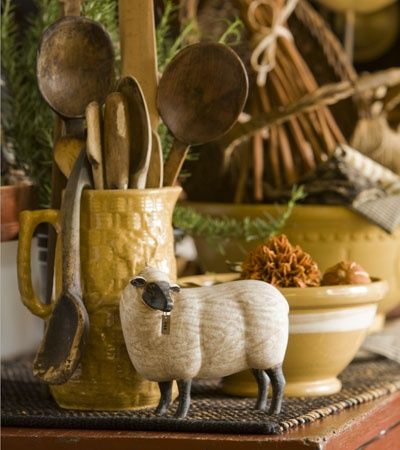 Mantel Styling, Kitchen Vignettes, Vibeke Design, A Sheep, Country Charm, Country Primitive, Mellow Yellow, Primitive Decorating, Rustic Furniture