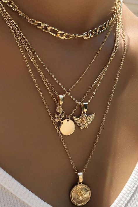 Rose & Angel Layered Necklace Multi Layered Necklace, Rosé Angel, Preppy Jewelry, Pretty Jewelry Necklaces, Multi Layer Necklace, Jewelry Accessories Ideas, Butterfly Pendant Necklace, Estilo Punk, Jewelry Fashion Trends