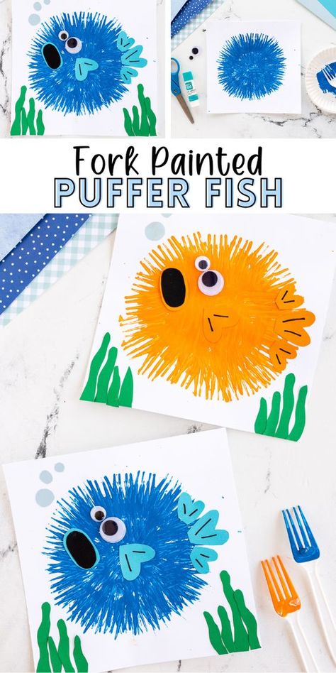 Bring a little under the sea crafting to you day and make this adorable Puffer Fish craft! All you need are simple supplies like paint, paper, and a plastic fork! Fork Puffer Fish Craft, Simple Ocean Crafts Preschool, Under The Sea Projects For Preschoolers, Starfish Activities For Preschool, Preschool Simple Crafts, Pufferfish Craft Preschool, Preschool Crafts Ocean, Sea Animals Aesthetic Drawing, Beachy Crafts For Kids