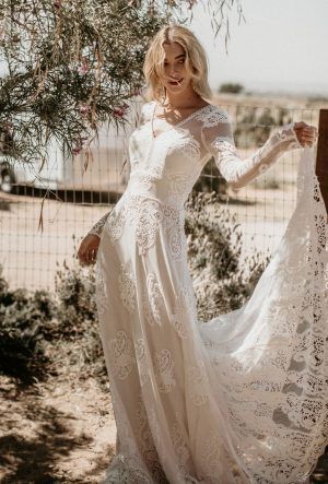 Dreamers & Lovers Chance Collection | Dreamers and Lovers Wedding Dress Long Sleeve Simple, Taupe Wedding Dress, Lace Bohemian Wedding Dress, Dreamers And Lovers, Winter Wedding Gowns, Taupe Wedding, Bohemian Weddings, Rental Wedding Dresses, Boho Wedding Gowns