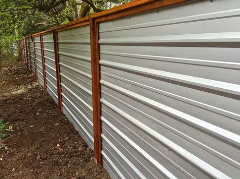 A galvanized corrugated metal fence creates a clean, modern edge to the landscape. Design/Build by LandArc Landscaping & Design Sheet Metal Fence, Cheap Privacy Fence, Corrugated Metal Fence, Diy Privacy Fence, Metal Fence Panels, Fence Designs, Privacy Fence Designs, Cheap Fence, Plans Architecture