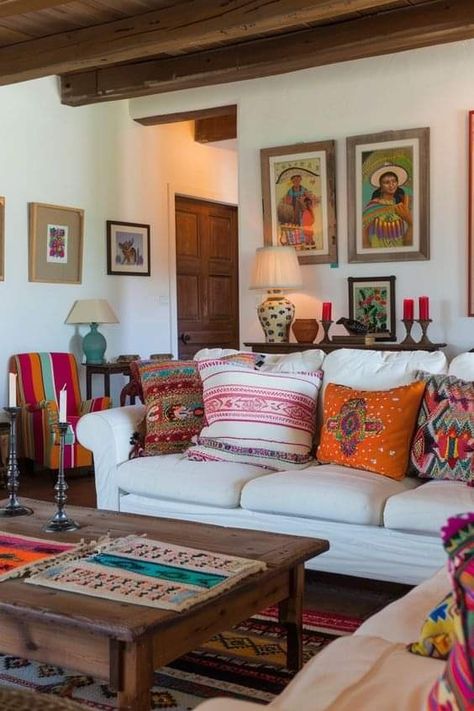 Mexican Colorful Houses, Mexican Decor Living Room, Mexican Home Decor Living Room, Mexican Room Aesthetic, New Mexico Interior Design, Mexican Room Decor, Mexican Room, Mexican Farmhouse Decor, Mexican Living Room