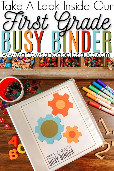 Take a look inside our first grade busy binder, packed with printable, educational, hands-on fun! #firstgradehomeschool #firstgradecurriculum #homeeducation #educationalprintables #firstgrademath #firstgradescience #learningtoread First Grade Busy Boxes, First Grade Hands On Activities, First Grade Binder, First Grade Printables, Homeschooling First Grade, Education Printables, Printable Organizer, Homeschool Binder, Activity Binder