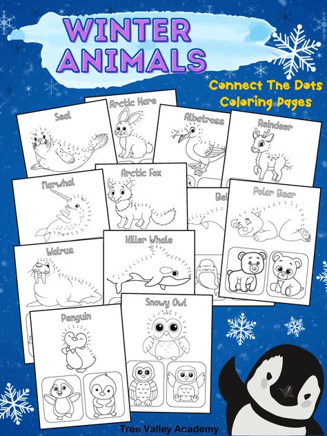 Free printable winter animals connect the dots coloring pages for kids. A fun indoor winter activity for kindergarten or preschool children to practice number order of numbers 1 to 30. The free pdf has 12 coloring pages of polar animals. There's a reindeer, seal, arctic hare, albatross, polar bear, beluga, arctic fox, narwhal, walrus, killer whale, snowy owl, and a penguin. Arctic Animals Printables, Dots Coloring Pages, Kindergarten Journal, Polar Animals Preschool, Owl Preschool, Kindergarten Journals, Toddler Fine Motor Activities, Animals Worksheet, Animals In Winter