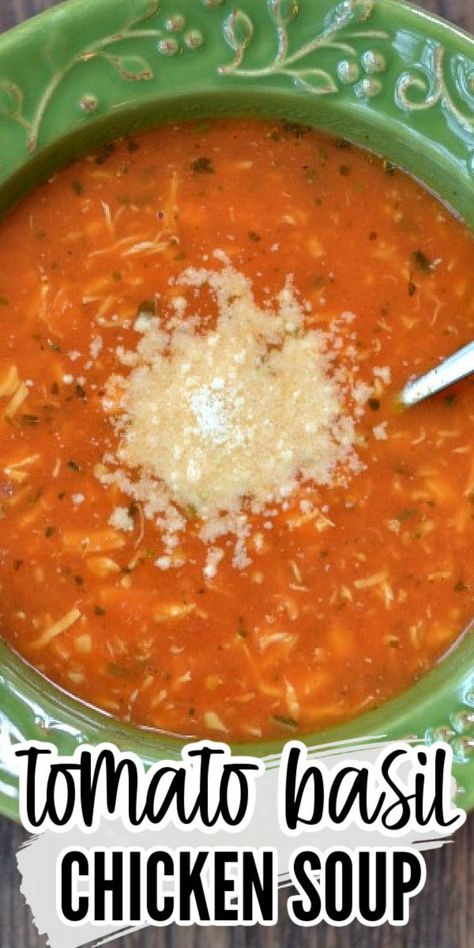 This easy homemade Tomato Chicken soup is loaded with robust flavor using canned tomatoes, basil pesto and chicken stock. It's quick to make in less than 30 minutes for a healthy lunch or dinner idea. #tomatosoup #easy #healthy #tomatochickensoup Tomato Chicken Bouillon, Smashing Tomato Tomato Basil Chicken Soup, Tomato Chicken Soup Recipes, Tomato Based Chicken Soup, Tomato Basil Chicken Soup, Chicken Tomato Soup Recipes, Chicken Soup With Tomatoes, Carrabas Chicken Soup Recipe, Basil Chicken Soup