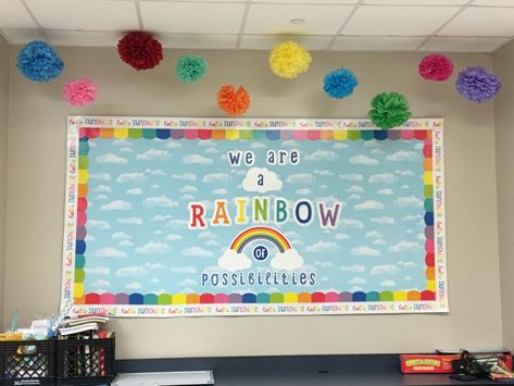 We Are A Rainbow Of Possibilities Bulletin Board, We Are A Rainbow Of Possibilities, Rainbow Of Possibilities Bulletin Board, Rainbow Of Possibilities, Class Bulletin Boards, Beginning Of Year, Rainbow Room, Rainbow Theme, Classroom Setup