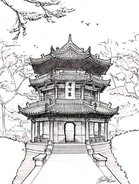 Chinese Architecture Drawing, Japanese Temple Drawing, Japanese Architecture Drawings, Sketchbook Architecture, Temple Drawing, Architecture Drawing Presentation, Architecture Antique, Art Du Croquis, Architecture Drawing Sketchbooks