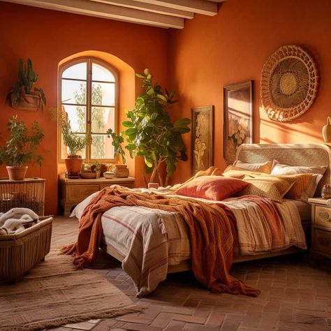 Orange Bedroom Walls, Mediterranean Bedroom Ideas, Mediterranean Room, Spanish Bedroom, Mediterranean Bedroom, Orange Rooms, Wellness Selfcare, Mediterranean Interior, Personalized Bedroom