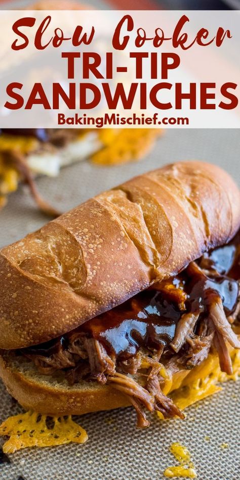 Crowd-pleasing easy Slow Cooker Tri-Tip Sandwiches you can make without having to get near a BBQ. | #SlowCookerRecipes | #SlowCooker | Slow Cooker Tri Tip, Bbq Tri Tip, Tritip Recipes, Baking Mischief, Tri Tip Sandwich, Easy Sandwiches, Foil Wraps, Beef Ideas, Slow Cooker Bbq Chicken