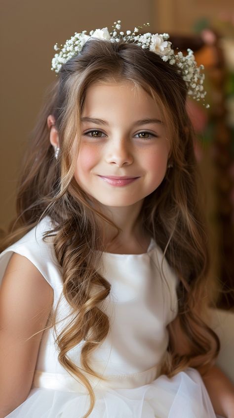 Crown Hairstyles: A Sophisticated Touch for Any Event Childs Bridesmaid Hair, Wedding Hair Flower Girl, Flower Girl Makeup Kids, Kid Wedding Hair, Flower Girl Hairstyles With Flower Crown, Girls Wedding Hairstyles Kids, Flower Girl Hairstyles Toddler, Flower Girl Hair Styles, Toddler Wedding Hair