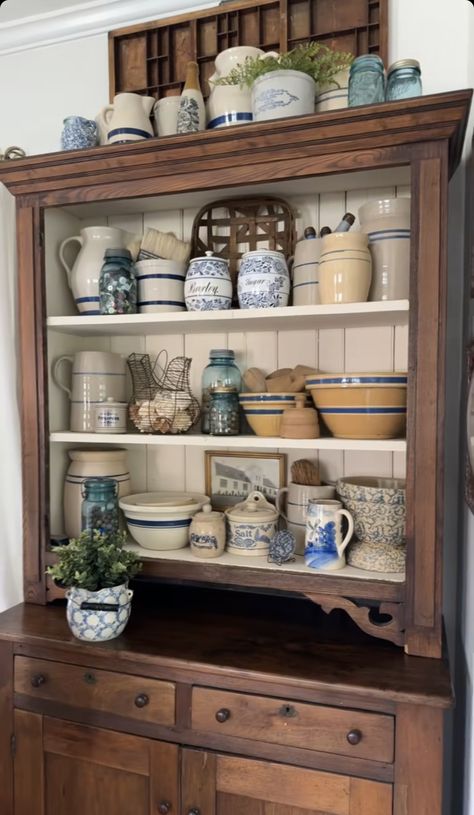 Antique Hutch Decorating Ideas, Hutch Styling Ideas, Christmas Kitchen Shelves, Top Of Hutch Decor, Hutch Decorating Ideas, Farmhouse Hutch Makeover, Decor Placement, Bluebird Cottage, Marshall Pottery