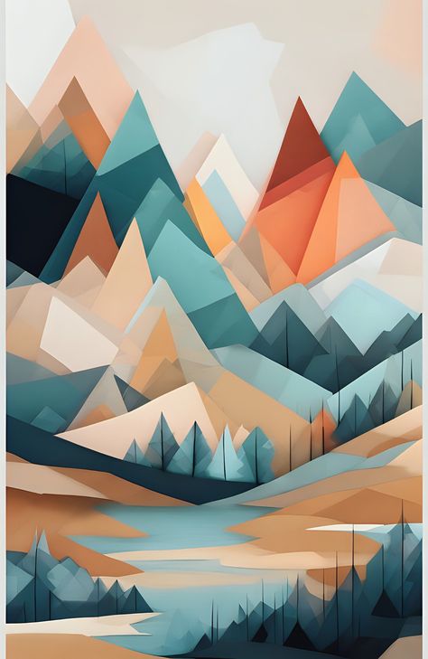 Geometric Mountain Landscape... Graphic Mountain Art, Geometric Mountain Art, Mountain Geometric, Geometric Landscape, Modern Geometric Art, Geometric Nature, Geometric Mountain, Graphic Design Brochure, Geometric Design Art