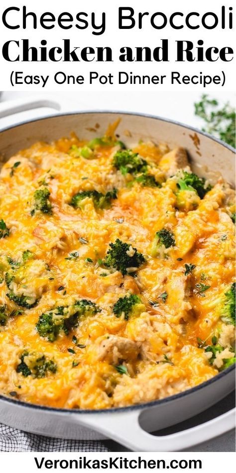 Cheesy chicken, rice, and broccoli in a white casserole skillet. Broccoli Chicken And Rice Casserole, Cheesy Broccoli Chicken And Rice, Chicken Broccoli Rice Cheese Casserole, Cheesy Chicken And Rice Casserole, Cheesy Chicken And Rice, Beginner Cook, Broccoli And Cheddar, Gf Dinner, Chicken And Rice Casserole