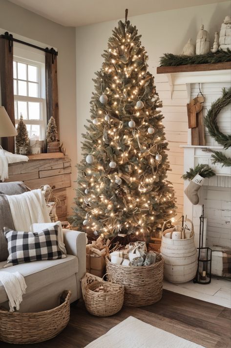 Farmhouse Christmas decor blends rustic charm with festive warmth. Think plaid accents, vintage ornaments, burlap stockings, wooden signs, twinkling fairy lights, and greenery garlands, all creating a cozy, nostalgic holiday atmosphere. #farmhouse #christmasdecordiy #christmasfarmhousedecor #christmas Christmas Aesthetic Farmhouse, Modern Cabin Christmas, Cozy Minimalist Christmas, White Rustic Christmas Decor, Fairy Lights And Greenery, Farmhouse Living Room Christmas, Modern Country Christmas, Christmas Decor Farmhouse Style, Farmhouse Christmas Tree Ideas