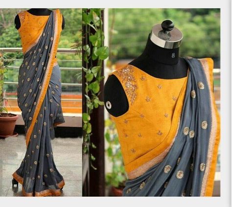 Yellow combination blouse grey saree Colours available Gray Lehenga, Saree Blouse Combination, Saree Combination, Farewell Saree, Party Wear Sarees Online, Blouse Ideas, Grey Saree, Wedding Saree Collection, Beautiful Sarees