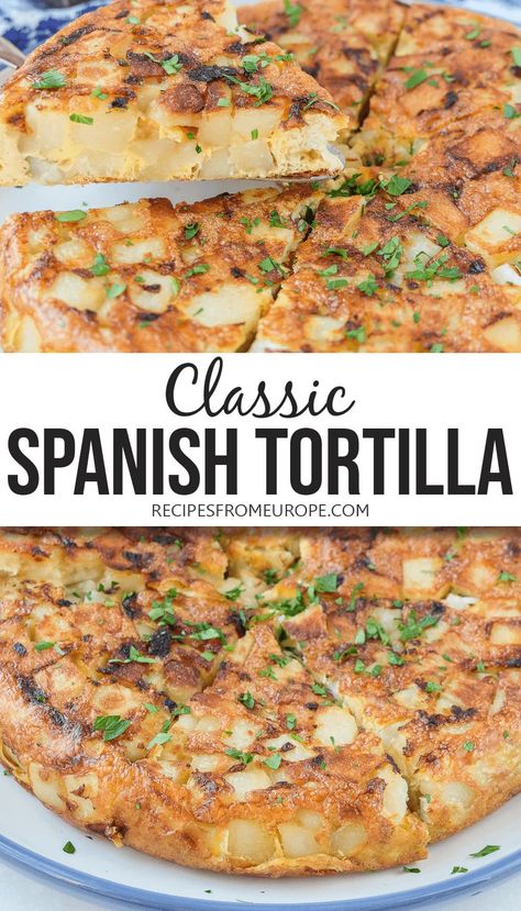 Want to make a tasty Spanish omelette? This classic Spanish tortilla recipe is easy to follow and make a tasty, simple potato dish that can be enjoyed hot or cold! #spanishrecipes #potatorecipes Easy Tortilla Recipe, Spanish Tortilla Recipe, Potato Frittata Recipes, Omlet Recipes, Omelette Recipe Easy, Spanish Potatoes, Spanish Tortilla, Spanish Omelette, Omelette Recipe