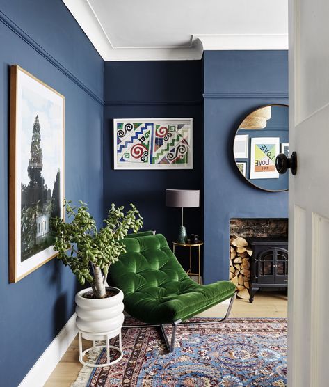 Mid Blue Living Room, Dark Blue Snug, Stiffkey Blue Living Rooms, Blue Feature Wall Living Room, Mexico Bedroom, 1930s Living Room, Light Blue Living Room, Blue Walls Living Room, Living Room Hardwood Floors