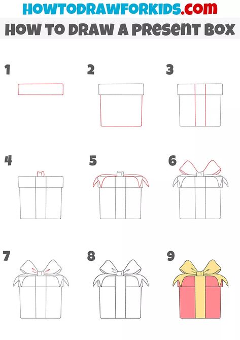 How to Draw a Present Box - Easy Drawing Tutorial For Kids How To Draw A Present, Basic Drawing For Kids, Drawing Stand, Present Box, Hand Drawings, Christmas Photo Booth, Journal Bullet, Easy Drawing Tutorial, Directed Drawing