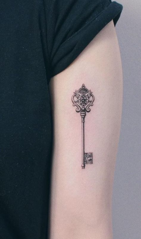 100 Insanely Crazy Black & Gray Tattoos That Are Truly Inspiring - TheTatt Key Tattoo Designs Men, Victorian Key Tattoo, Keys Tattoo Designs, Key Hand Tattoo, Old Fashion Key Tattoo, Key With Flowers Tattoo, Small Key Tattoos For Women, Key Tattoo Men, Key Hole Tattoo