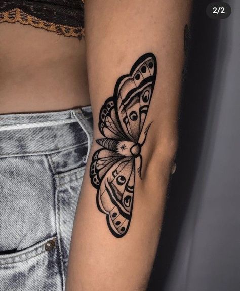 Butterfly Tattoo On Sleeve, Moth Tattoo Design Arm, Moth In Elbow Tattoo, Moth Tattoo Feminine, Traditional Style Moth Tattoo, Retro Butterfly Tattoo, Bird Elbow Tattoo, Moth Elbow Bend Tattoo, Cool Moth Tattoo