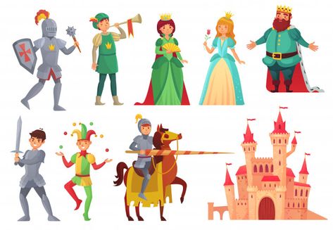 Personajes medievales Vector Premium | Premium Vector #Freepik #vector #personas #mujer #corona #hombre Knight With Lance, Medieval Characters, Royal Knight, Castle Tower, Fairy Tale Characters, On Horseback, King And Queen, Historical Characters, Vector Character