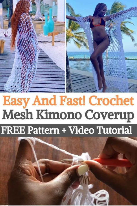 This crocheted kimono cover is made with Solomon stitch or love knot stitch. It is an oversize made perfect for the beach. The best thing about this project is that it is really easy to do and the end result is so cute, chic and bohemian, it seems very elaborate and difficult to crochet, but no!Actually, depending on your crochet speed, you can do it in just a few minutes. Even if you are already more experienced in crochet you can modify it a bit... Crocheted Kimono, Crochet Kimono Pattern, Mesh Kimono, Knot Stitch, Fast Crochet, Crochet Kimono, Mode Crochet, Crochet Humor, Crochet Clothing And Accessories