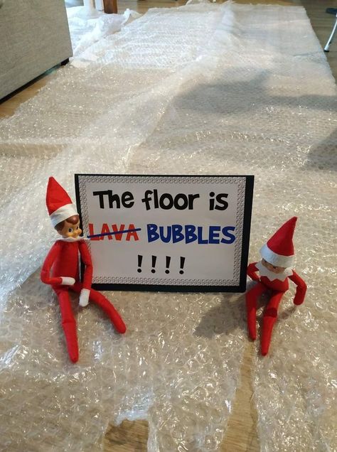 Love the bubble floor idea! #thefloorislava #elf #elfontheshelf Elf On The Shelf Arrival, Thanksgiving Aesthetic, Elf Ideas Easy, Elf Magic, Awesome Elf On The Shelf Ideas, Elf Activities, Xmas Elf, Elf Antics, Elf Fun