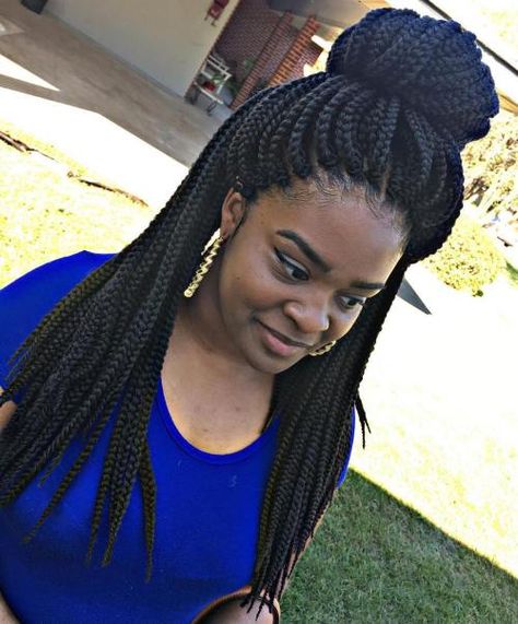 Half Up Bun For Crochet Braids Half Braided Hairstyles, Crochet Box Braids, Easy Updo Hairstyles, Long Box Braids, Crochet Braid Styles, Crochet Braids Hairstyles, Short Hair Styles For Round Faces, Natural Hair Braids, Braided Hairstyles For Black Women