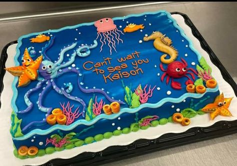 Sheet Cake Ocean Theme, Celebration Sheet Cakes Ideas, Ocean Theme Cake For Boys, Ocean Sheet Cake Ideas, Under The Sea Birthday Sheet Cake, Ocean Cupcake Cake, Under The Sea Sheet Cake Ideas, Ocean Theme Sheet Cake, Sea Animals Birthday Cake