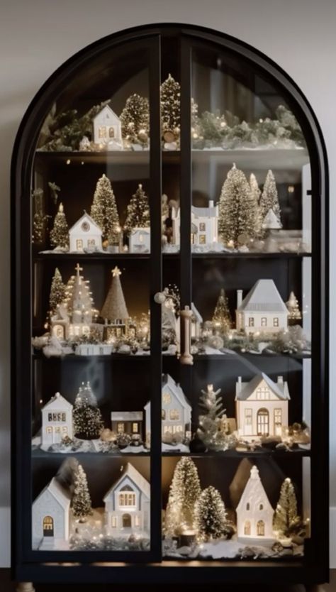 Christmas Decor Contemporary, Neutral Christmas Village Display, European Style Christmas Decor, Christmas Village Home Decor, Tour Of Homes Christmas, Xmas Village Ideas, Christmas Decor For Modern House, Black Neutral Christmas Decor, Mini Sleigh Decorating Ideas