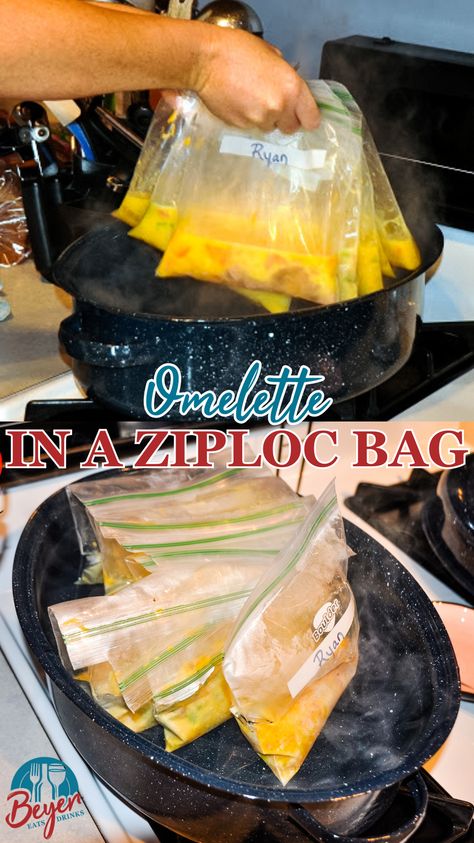 Omelettes in a bag are perfect for camping or if have a group to feed breakfast to at home to make individualized requests for eggs, quickly. Who needs a dirty pan when you can just throw baggies away!! Plus no waiting your turn for the pan. You can cook a whole bunch of omelets at one time in a pan of boiling water. Omelette In A Bag Camping, Scrambled Eggs In A Ziploc Bag, Omelettes In A Bag, Camping Omelets In A Bag, Omelet In A Bag, Boil In A Bag Meals Camping, Make Ahead Omelettes, Camping Brunch Ideas, Omlet In A Bag