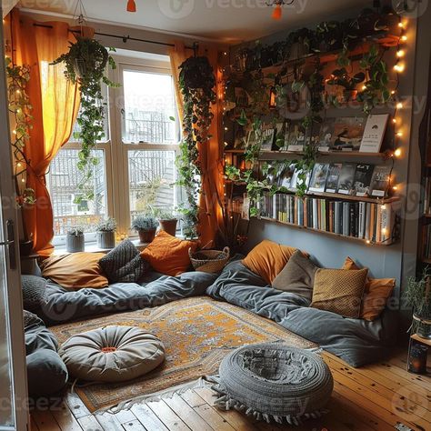 AI Generated Bohemian reading nook with floor cushions tapestries Floor Nook Ideas, Bohemian Floor Cushions, Bohemian Reading Nook, Floor Reading Nook, Living Room Floor Cushions, Bohemian Classroom, Reading Nook In Bedroom, Meditation Room Ideas, Cozy Reading Room