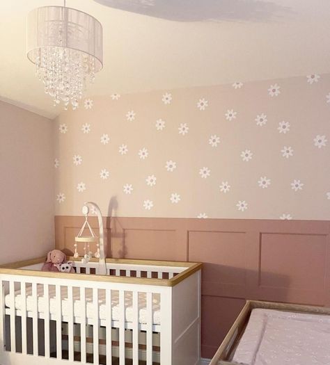 Panelling Nursery Pink, Pink Wall Panelling Bedroom, Dusky Pink Nursery, Pink Walls Nursery, Boho Baby Room Girl, Girl Nursery Ideas Pink, Baby Girl Neutral Nursery, Baby Girl Nursery Neutral, Cream And Pink Bedroom