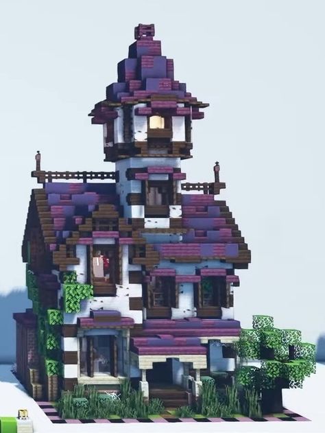 Minecraft End Themed House, Minecraft Amythest House Ideas, Enderman Themed House Minecraft, Castle Minecraft Aesthetic, Mc Building Ideas Aesthetic, Oh The Biomes Youll Go Minecraft House, Minecraft Castle Base Ideas, Minecraft Magical Builds House, Witch Hat House Minecraft