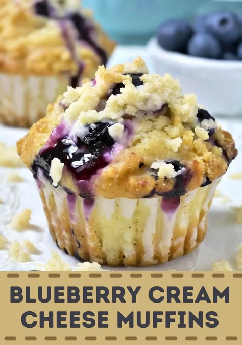 Blueberry Cream Cheese Muffins Blueberry Cheesecake Muffins, Blueberry Cream Cheese Muffins, Blueberry Desserts Recipes, Best Blueberry Muffins, Simple Muffin Recipe, Cream Cheese Muffins, Blueberry Desserts, Filled Muffins, Blueberry Cream Cheese