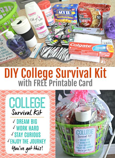 Dorm Room Survival Kit Gift Ideas, Going Off To College Gifts, Dollar Tree Graduation Gifts, College Dorm Gift Basket, Uni Survival Kit, High School Graduation Gift Basket, College Basket, College Gift Baskets, Graduation Gift Basket