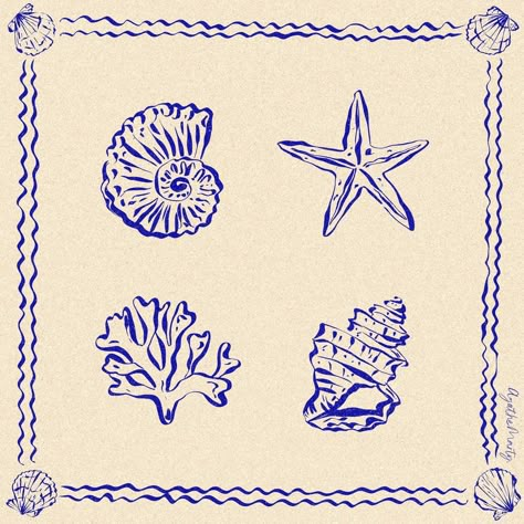 agathe marty | sea stuff 🌊 ~ available for licensing as repetitive pattern or placement print 💙 | Instagram Sea Print Pattern, Cute Summer Patterns, Agathe Marty, Coastal Illustration, Starfish Illustration, Summer Fonts, Sea Illustrations, Nautical Illustration, Border Illustration