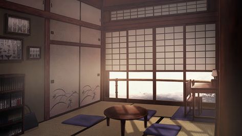 Anime Houses, Decorative Pillars, Japanese Style House, Anime Places, Japanese Room, Room Background, Decorating Shelves, Japanese Architecture, Window Styles